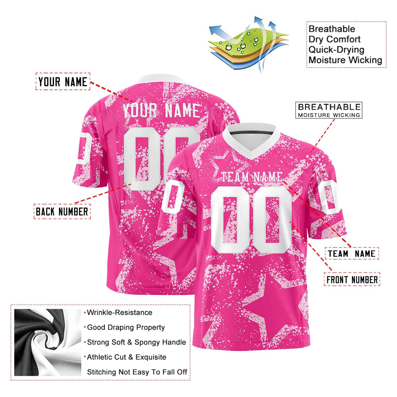 Custom Pink White Mesh Star Football Jersey