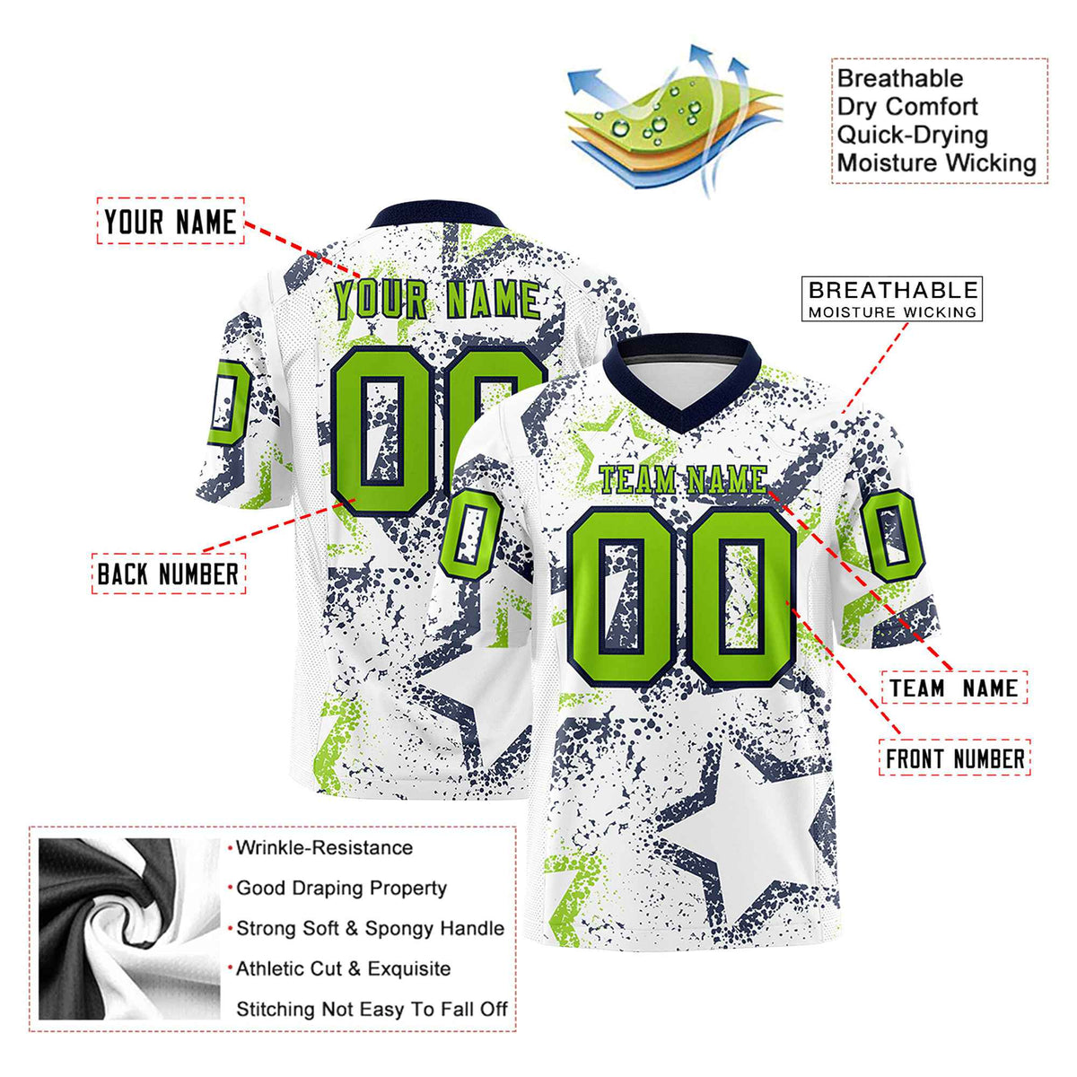 Custom White Neon Green-Navy Mesh Star Football Jersey
