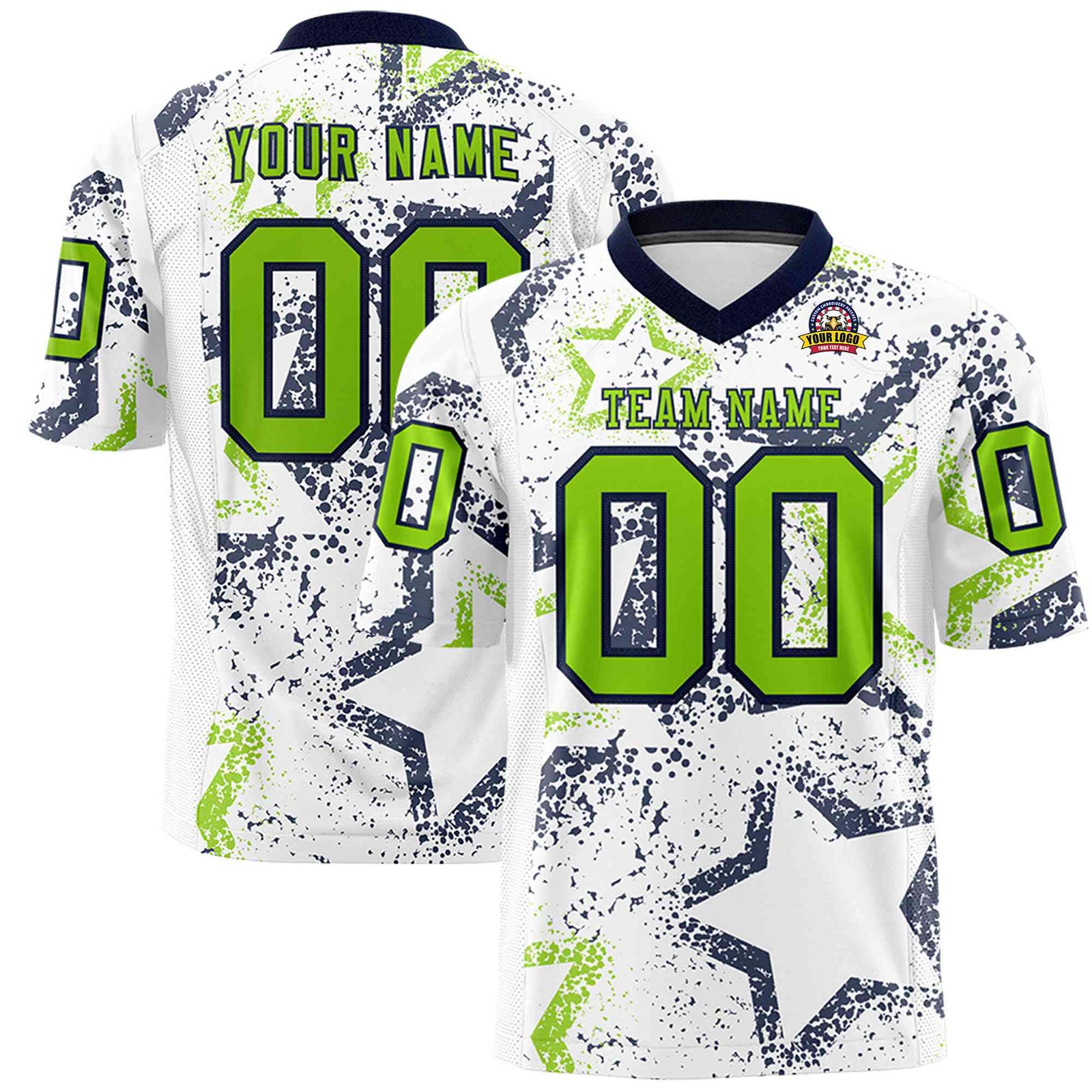 Custom White Neon Green-Navy Mesh Star Football Jersey