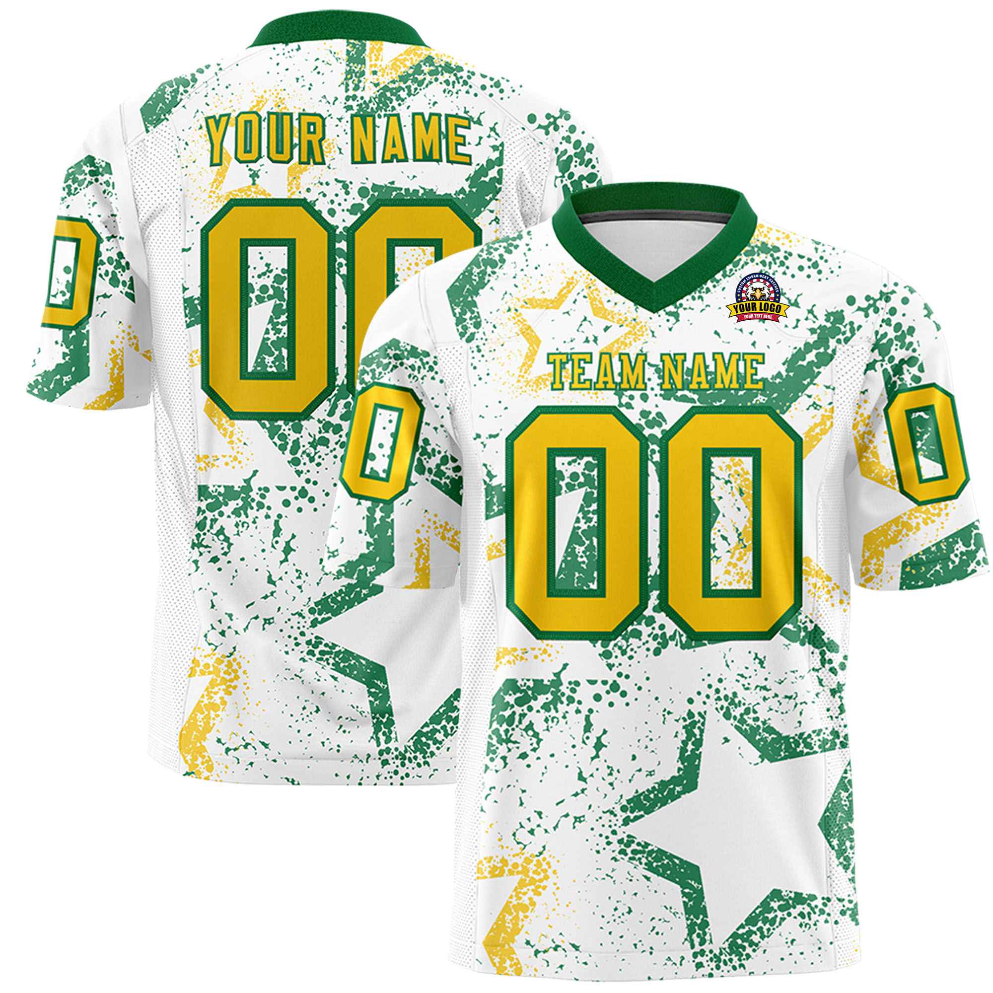 Custom White Gold-Kelly Green Mesh Star Football Jersey