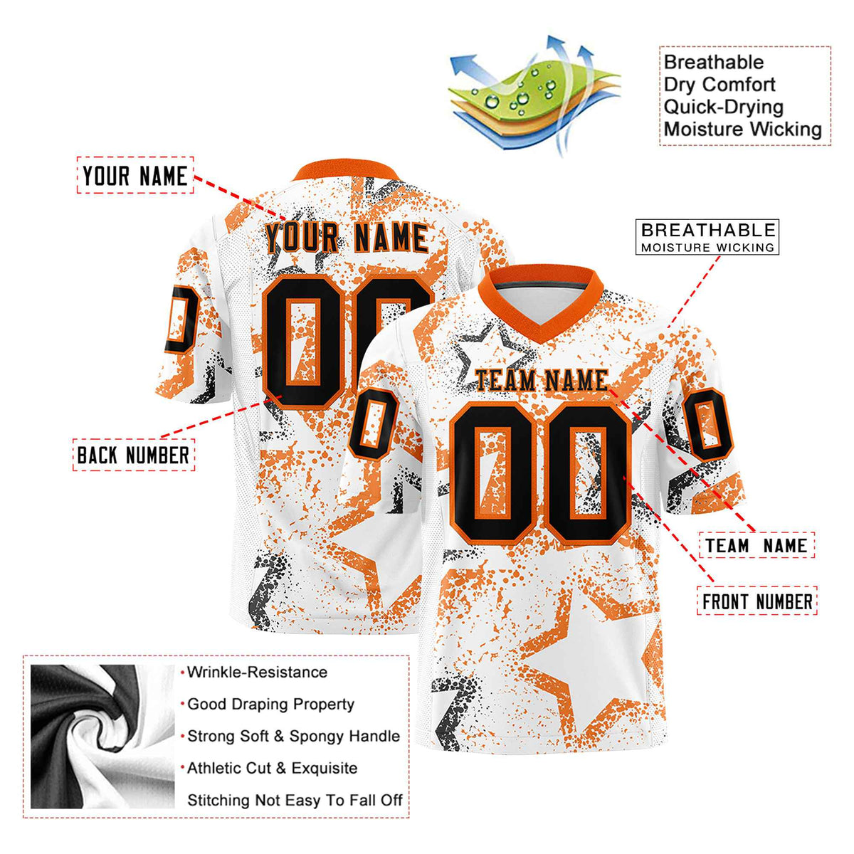 Custom White Black Orange Mesh Star Football Jersey