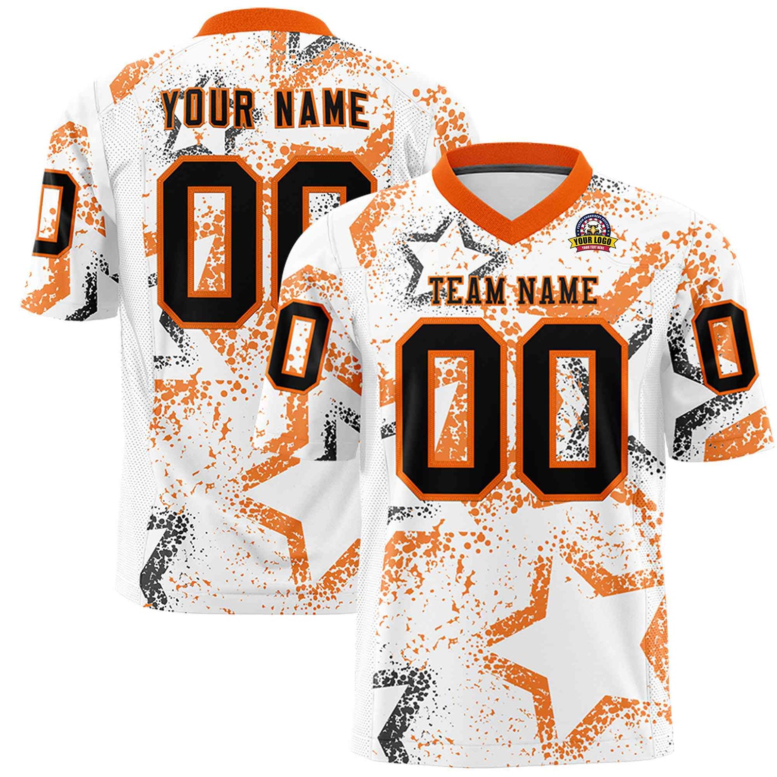 Custom White Black Orange Mesh Star Football Jersey