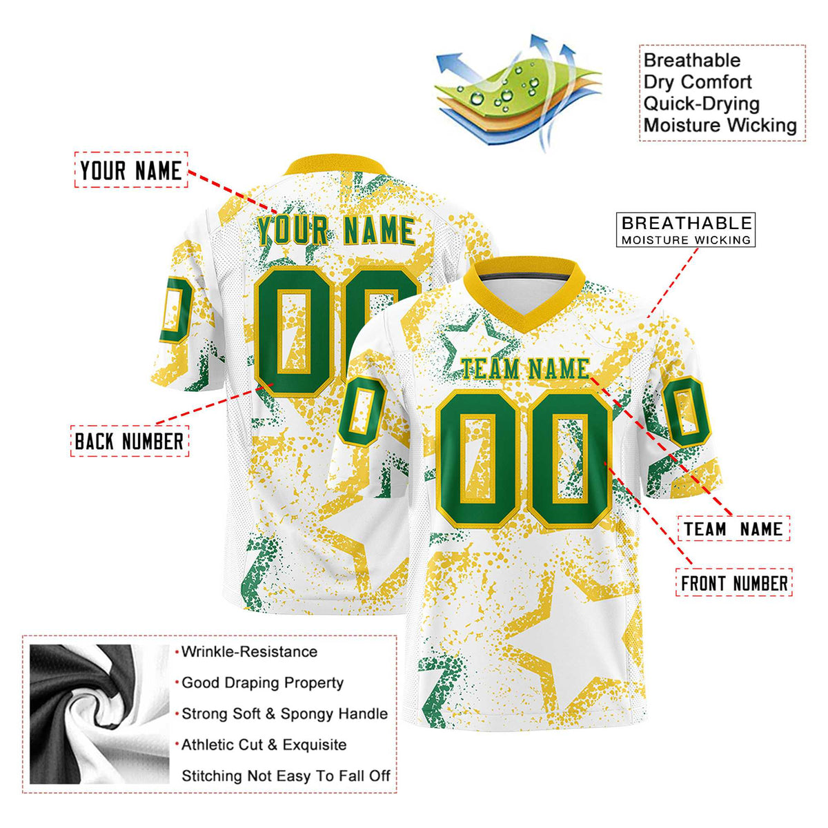 Custom White Kelly Green-Gold Mesh Star Football Jersey