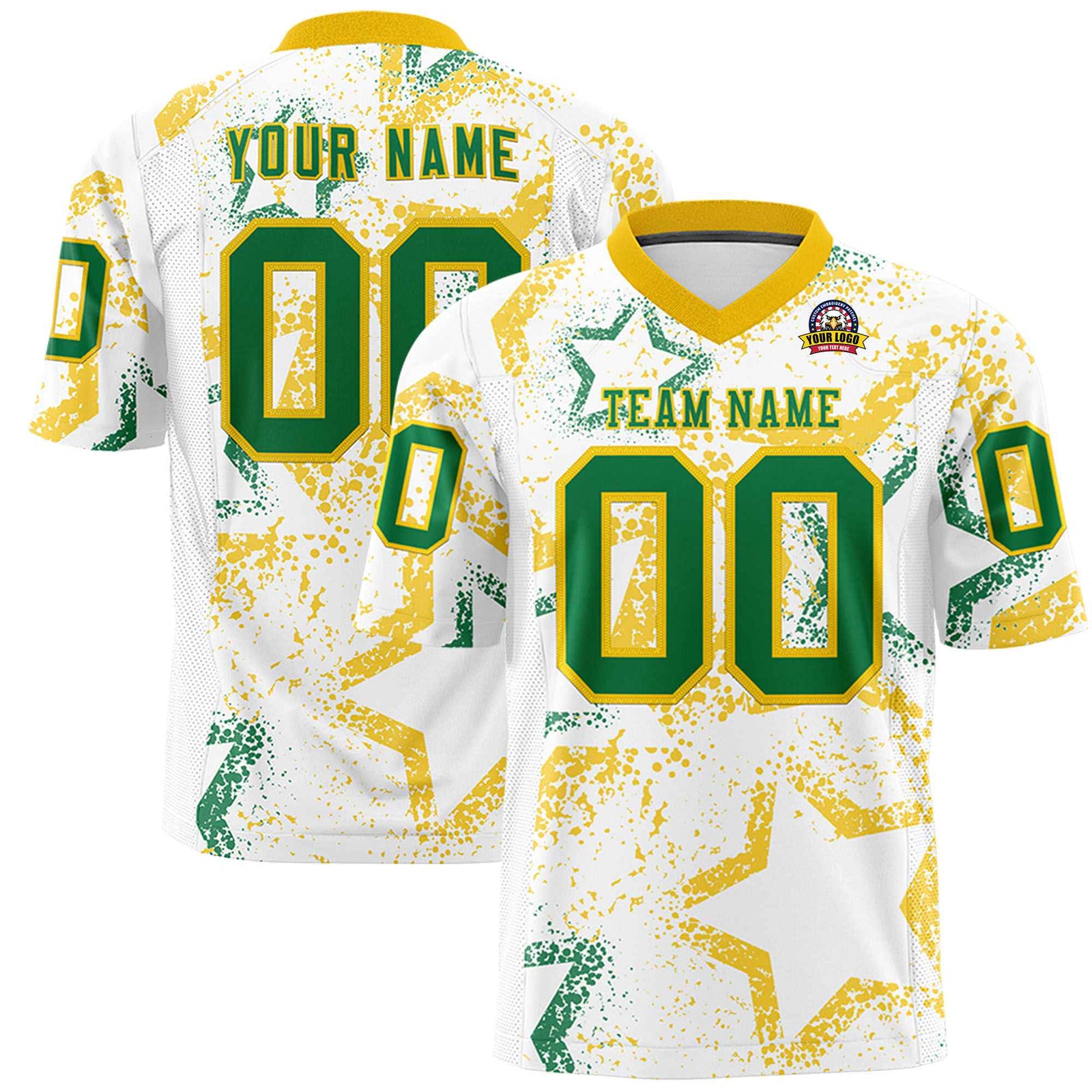 Custom White Kelly Green-Gold Mesh Star Football Jersey