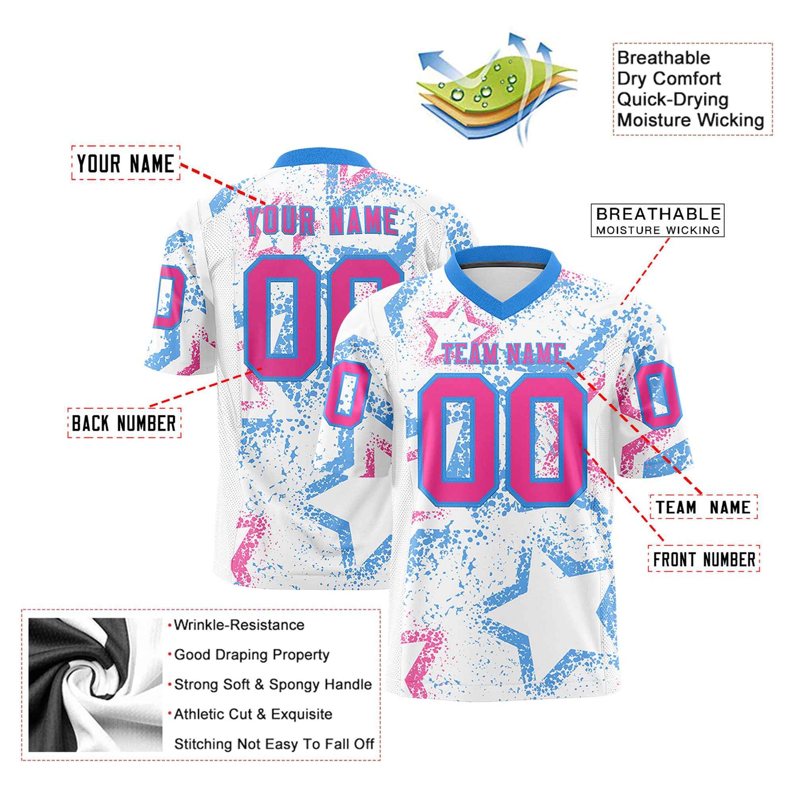 Custom White Pink Powder-Blue Mesh Star Football Jersey