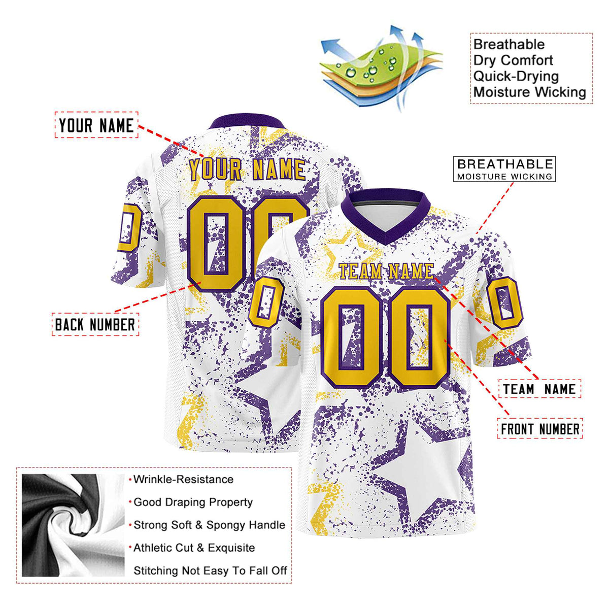 Custom White Gold-Purple Mesh Star Football Jersey