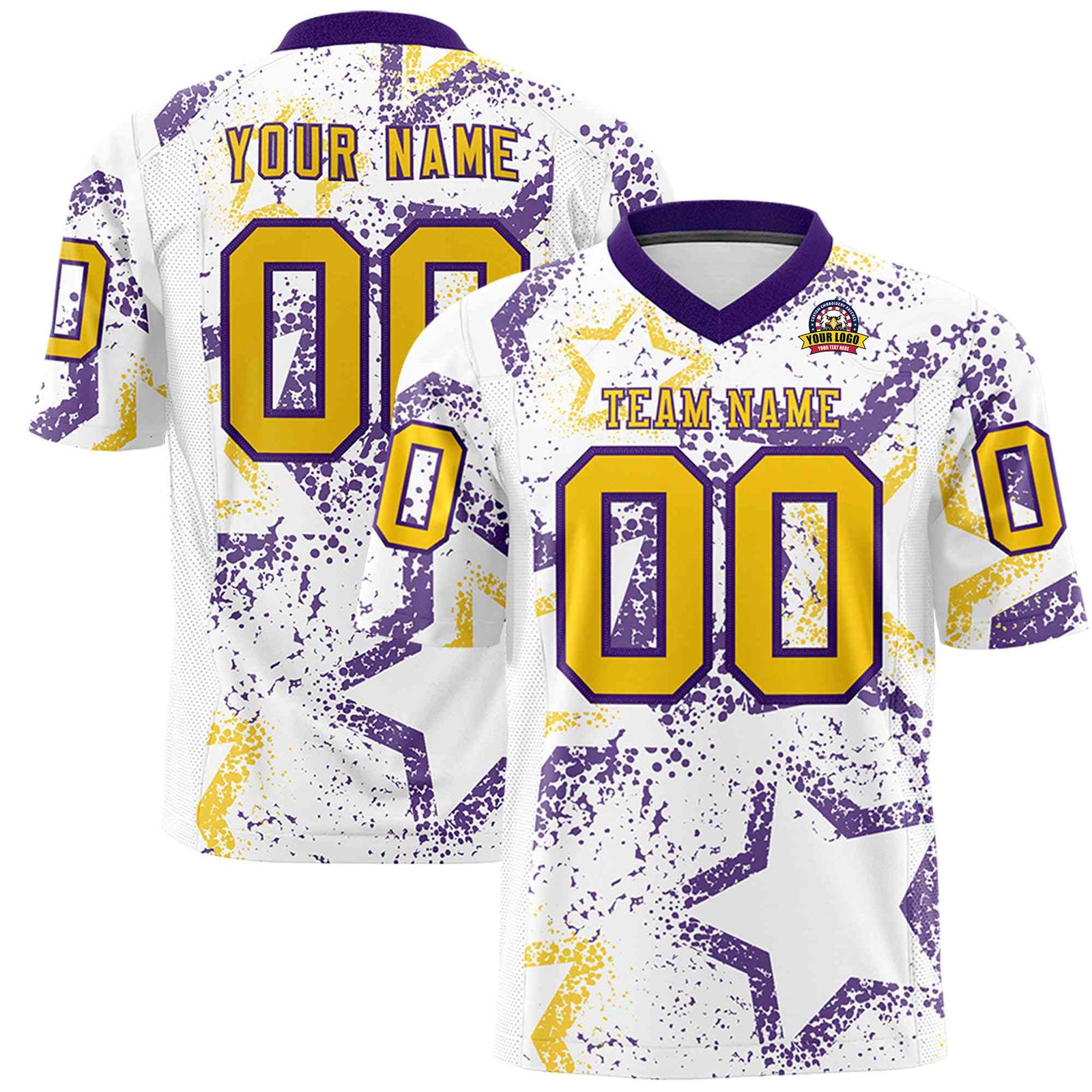 Custom White Gold-Purple Mesh Star Football Jersey