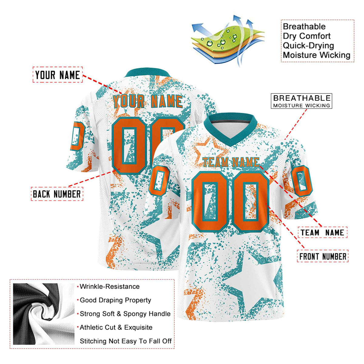 Custom White Orange Aqua Mesh Star Football Jersey