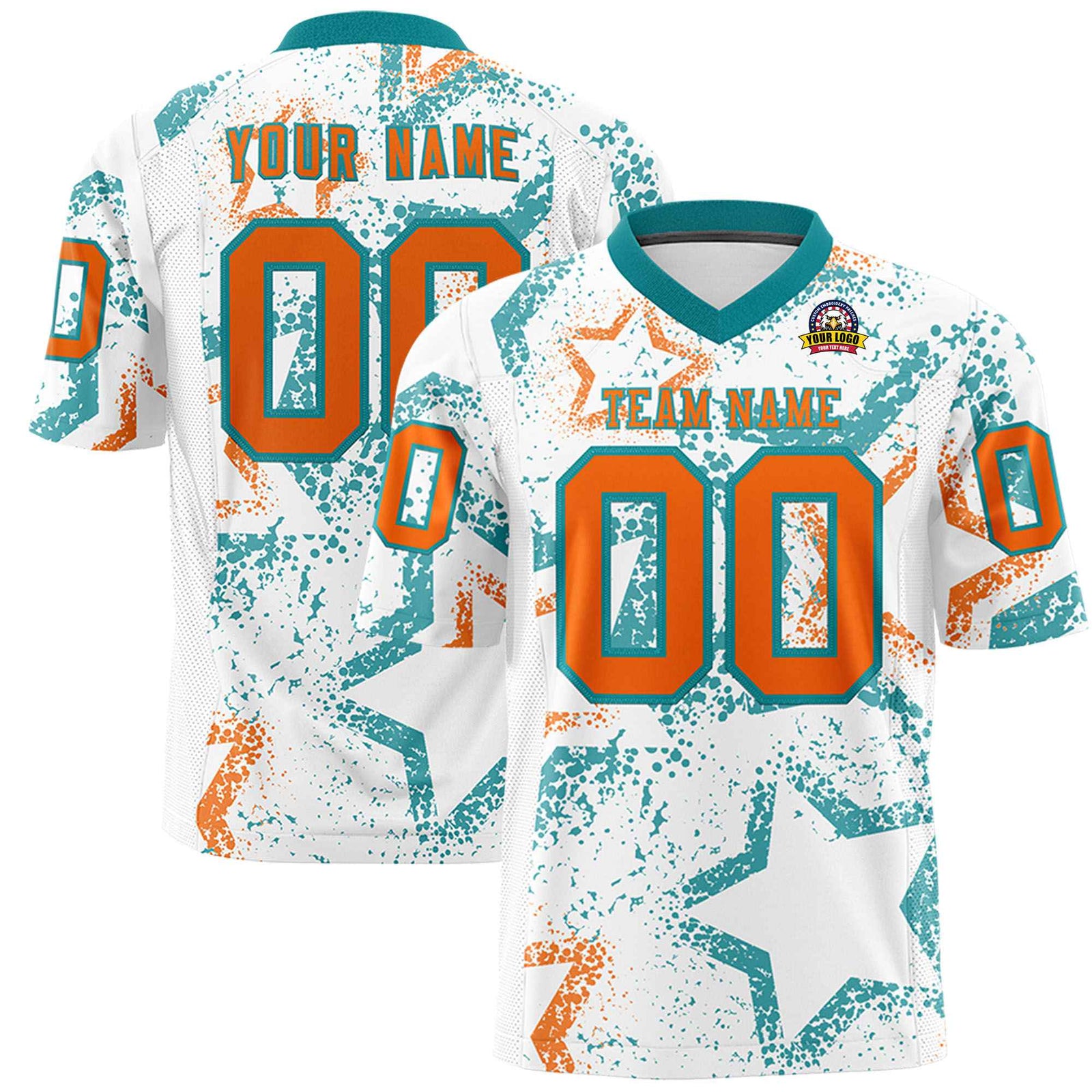 Custom White Orange Aqua Mesh Star Football Jersey