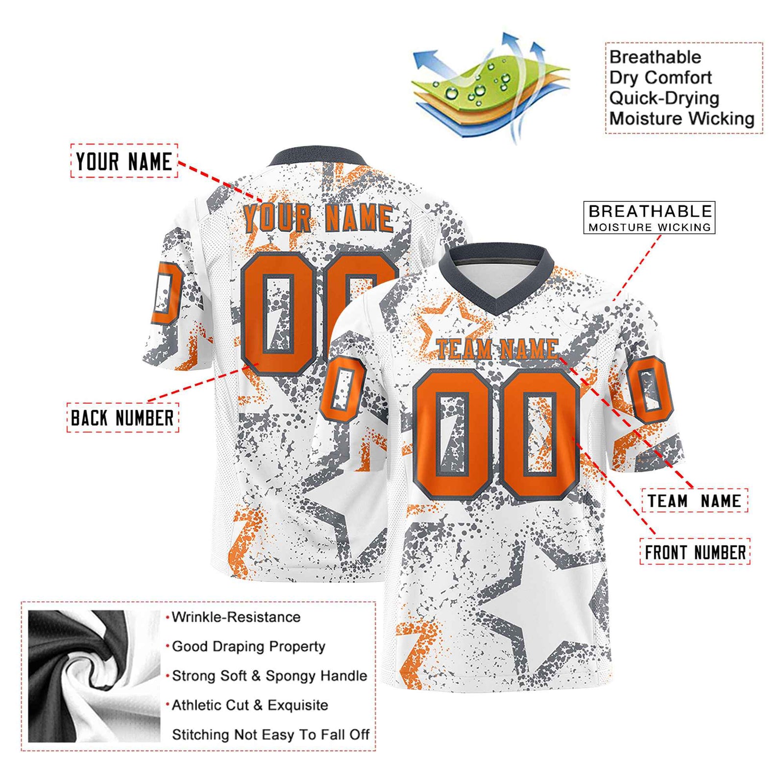Custom White Orange Dark-Gray Mesh Star Football Jersey