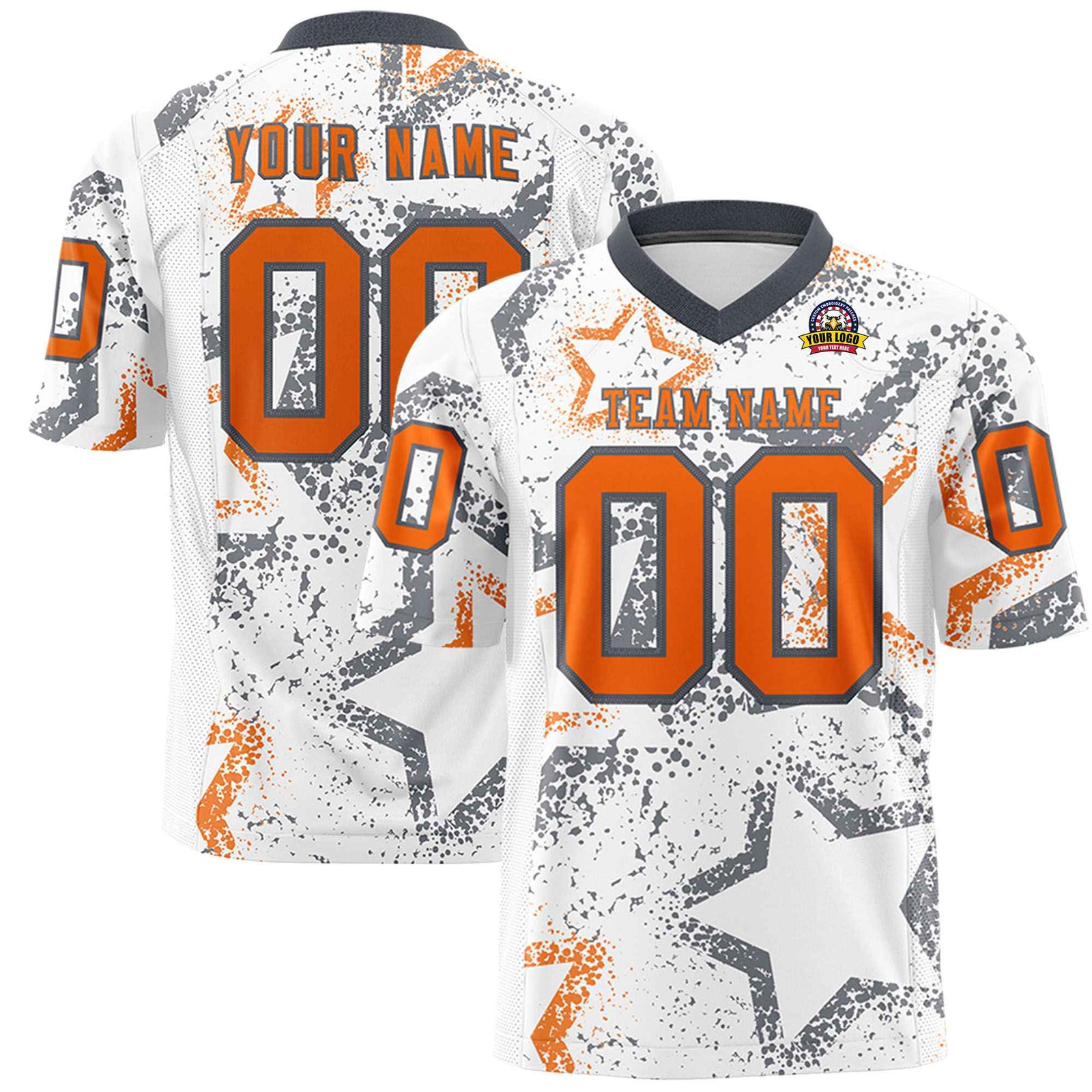 Custom White Orange Dark-Gray Mesh Star Football Jersey