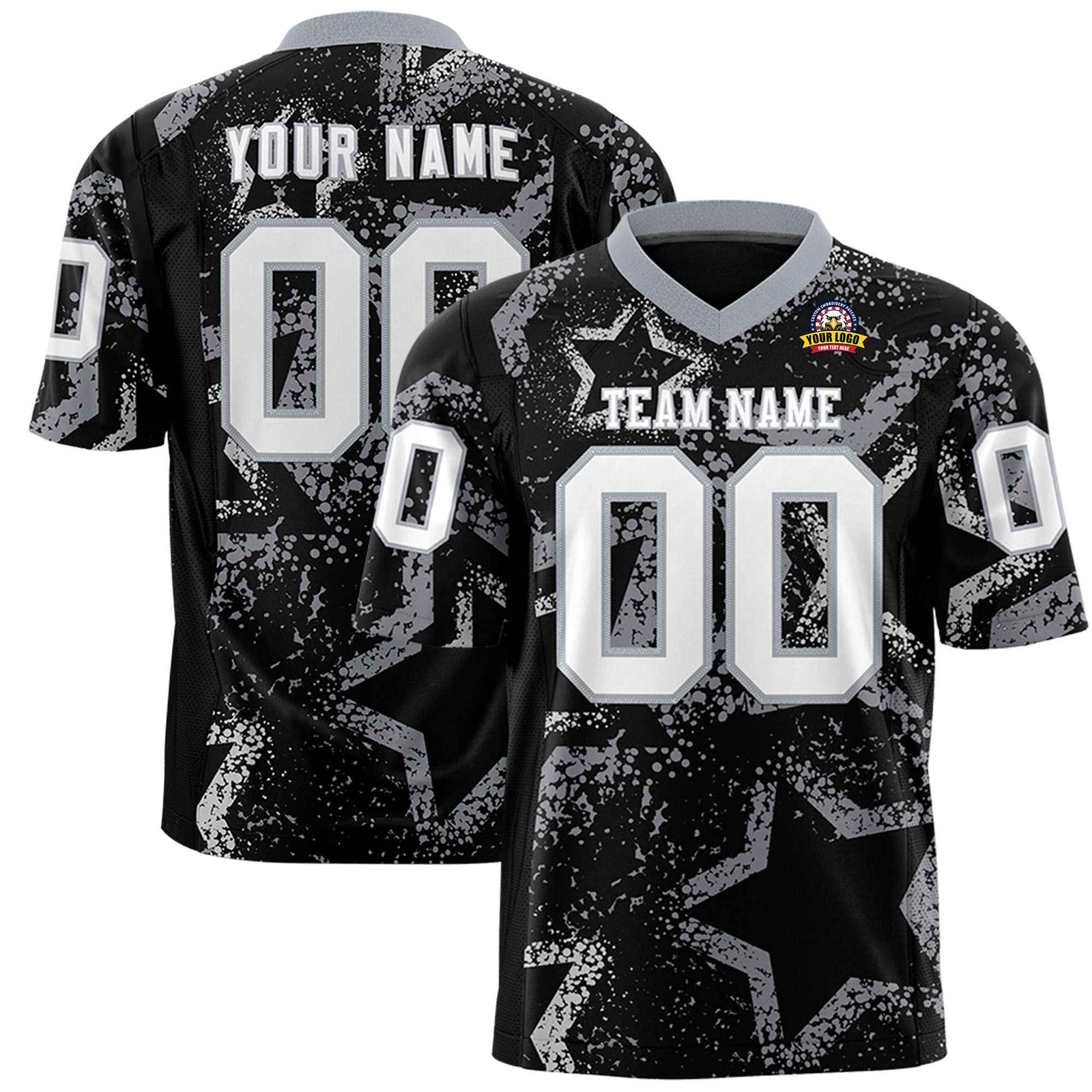 Custom Black Gray-White Mesh Star Football Jersey