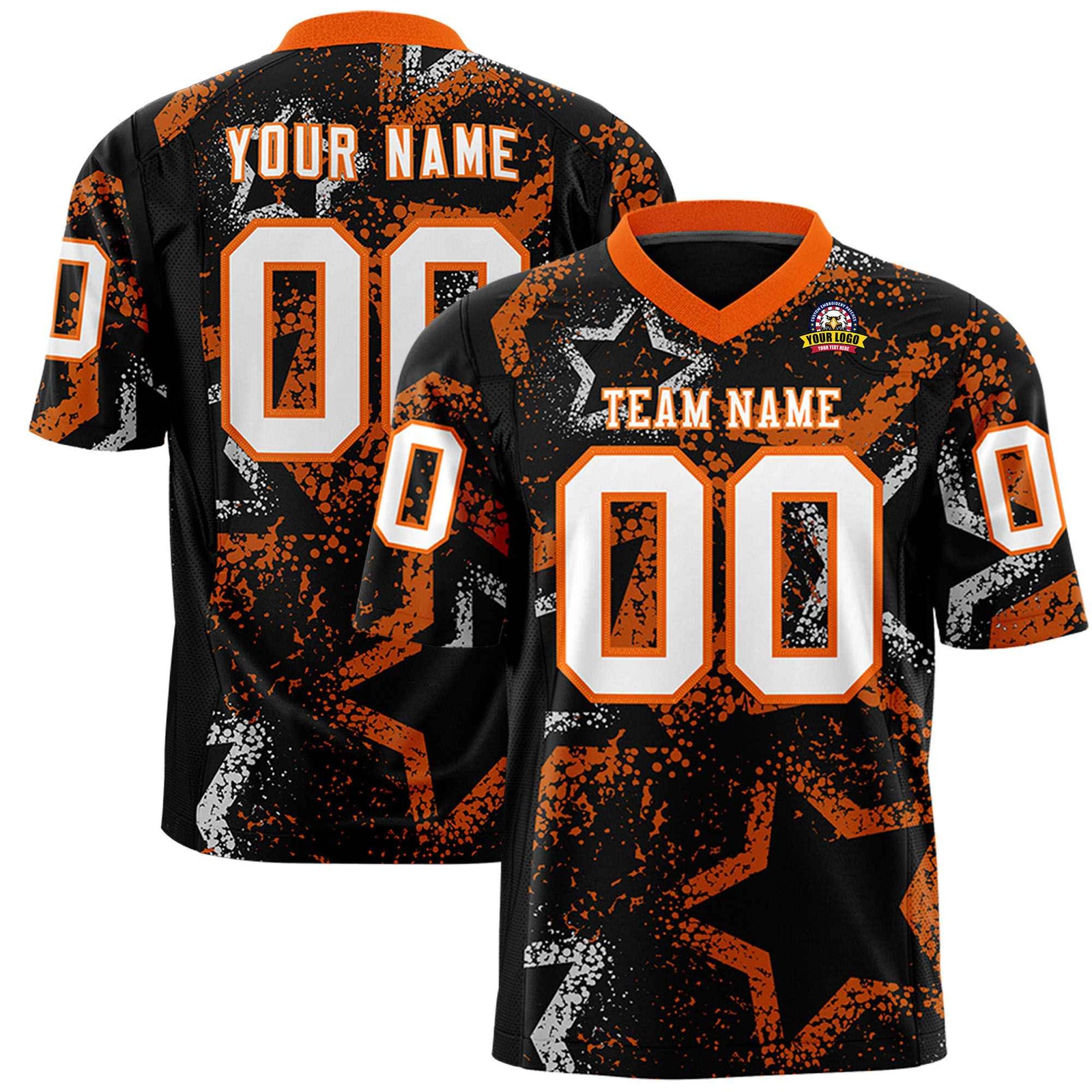 Custom Black White Orange Mesh Star Football Jersey