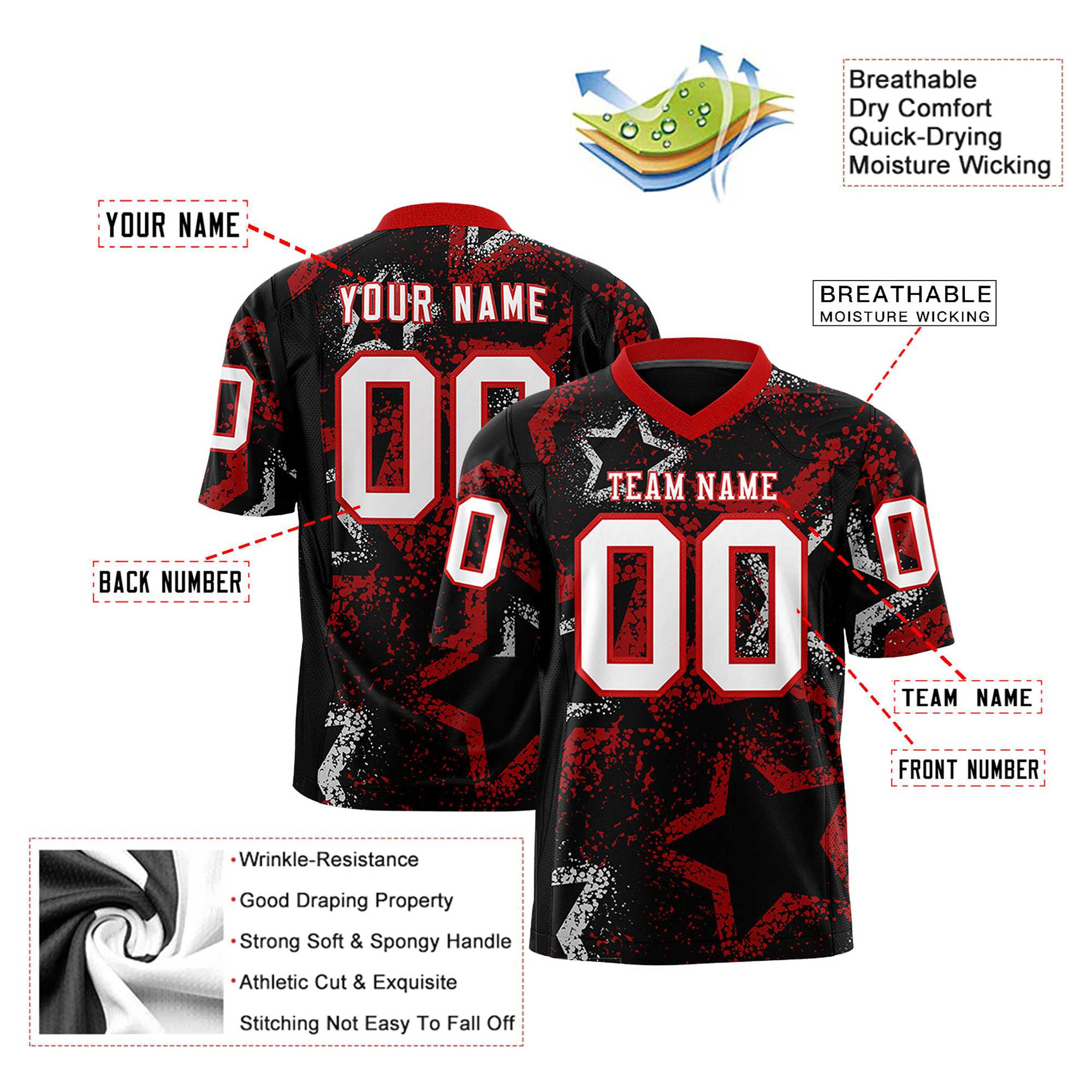 Custom Black Red-White Mesh Star Football Jersey