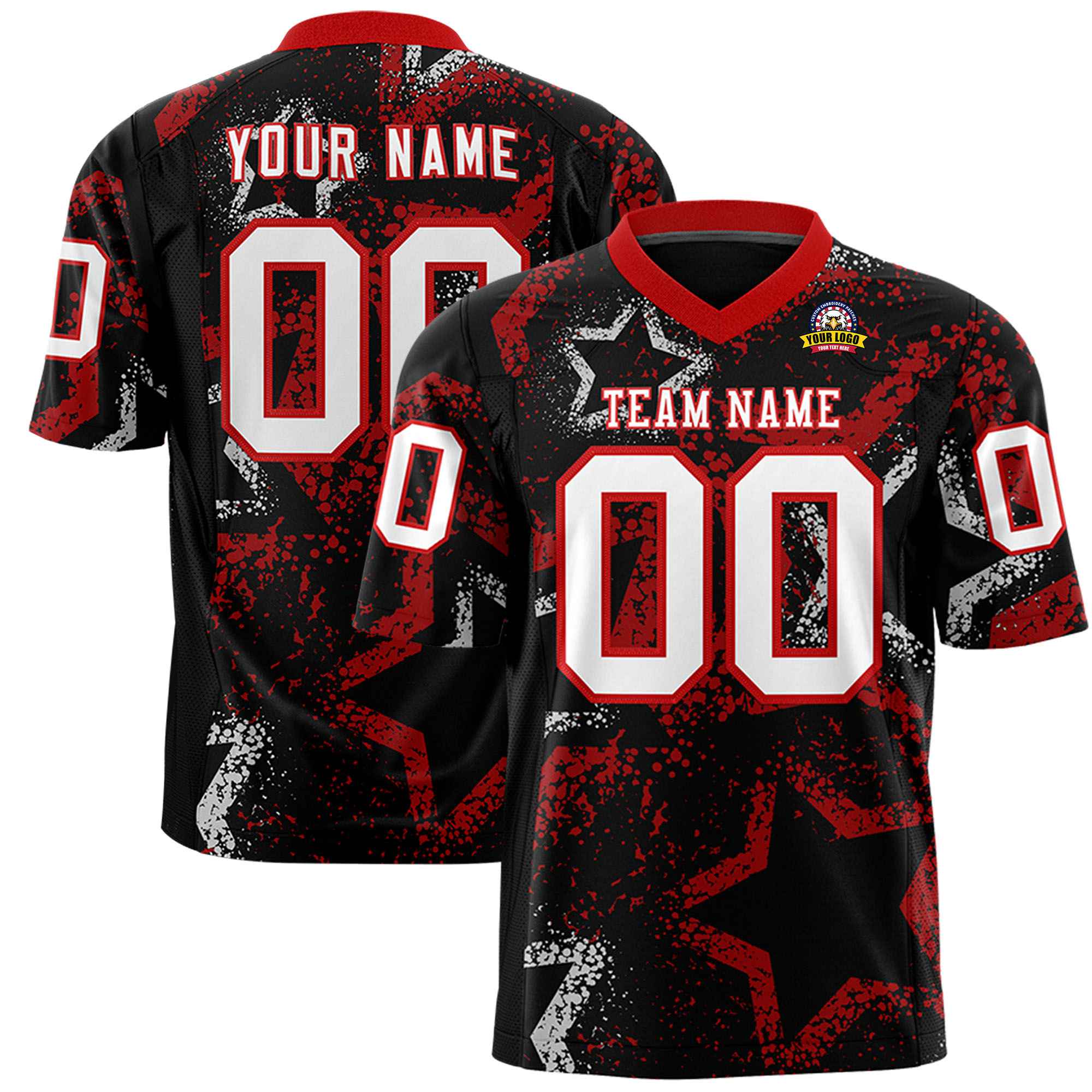 Custom Black Red-White Mesh Star Football Jersey