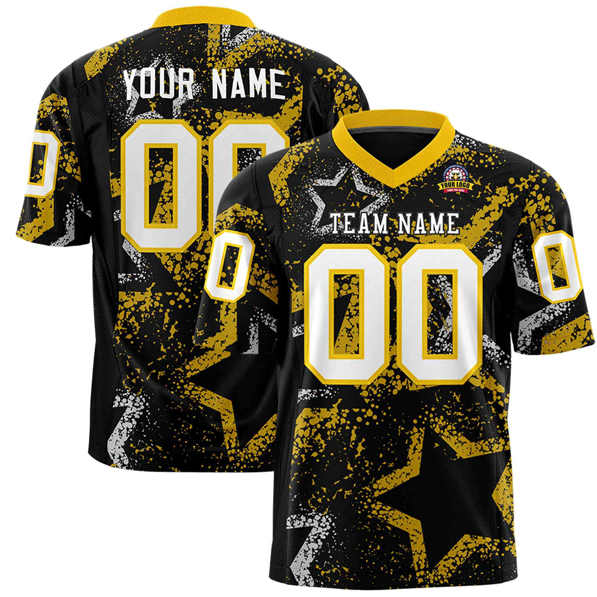 Custom Black White-Gold Mesh Star Football Jersey