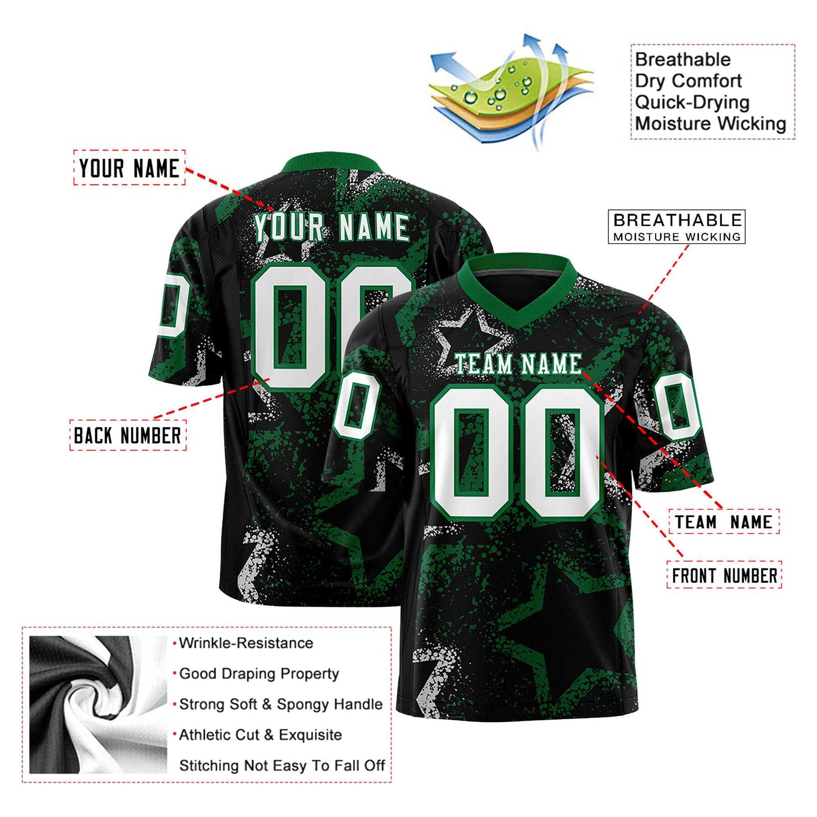 Custom Black White-Kelly Green Mesh Star Football Jersey