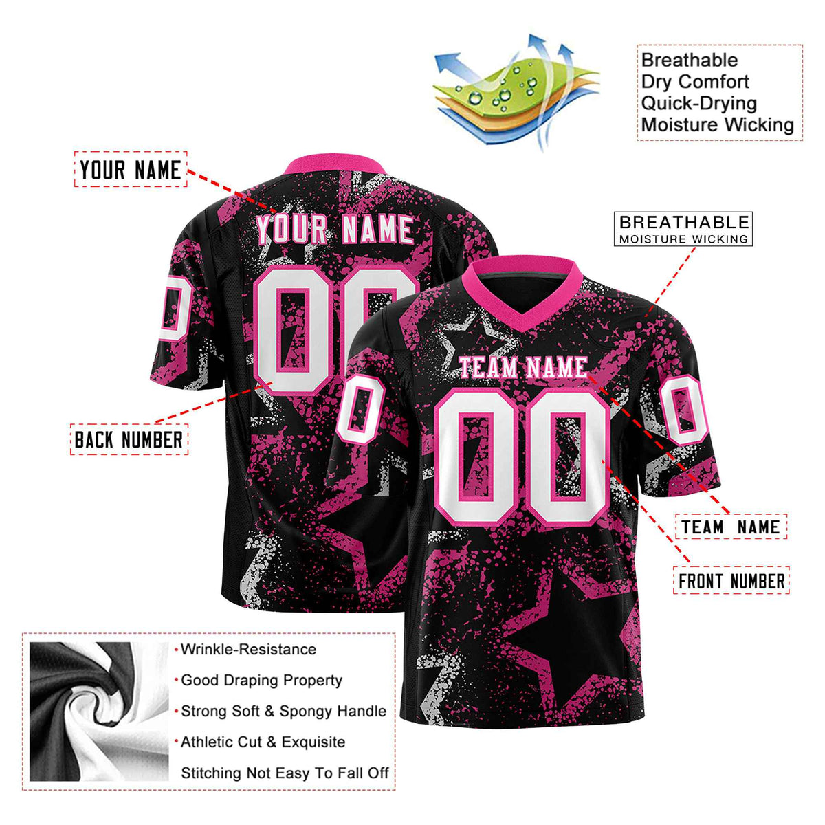 Custom Black White Pink Mesh Star Football Jersey