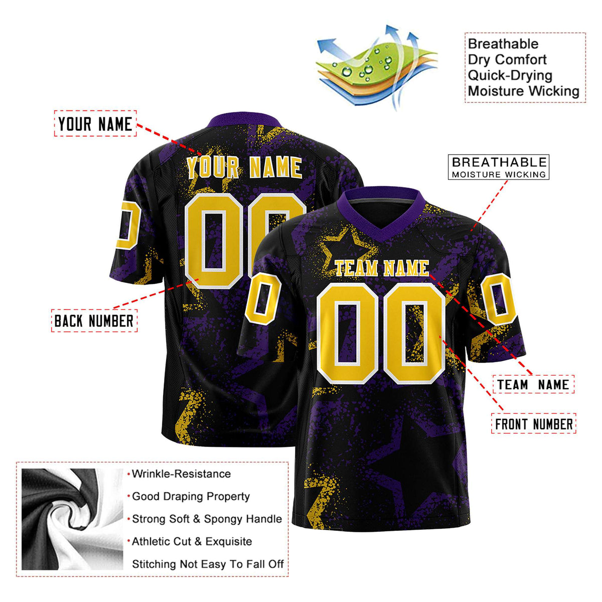 Custom Black Gold-Purple Mesh Star Football Jersey