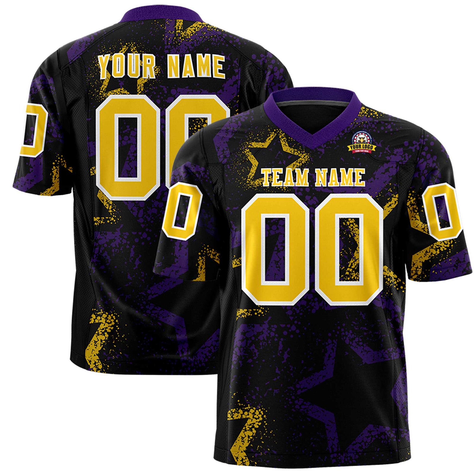 Custom Black Gold-Purple Mesh Star Football Jersey