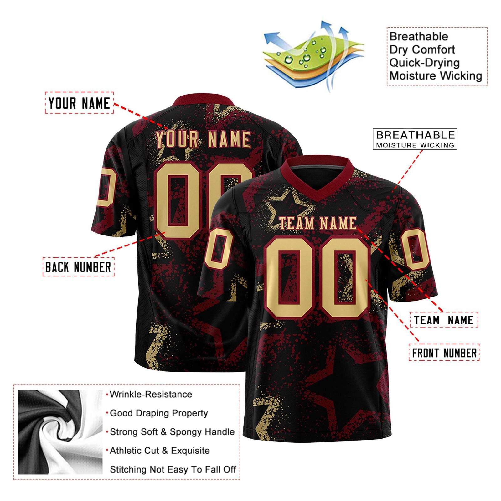 Custom Black Crimson-Khaki Mesh Star Football Jersey