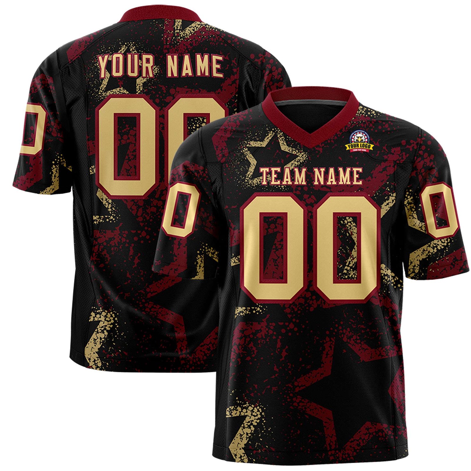 Custom Black Crimson-Khaki Mesh Star Football Jersey
