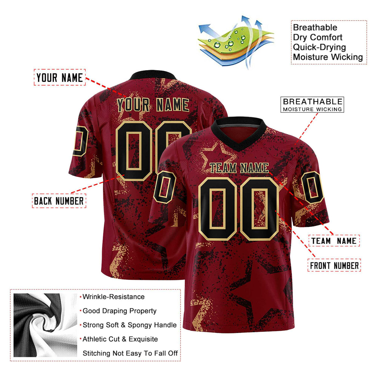 Custom Crimson Black-Khaki Mesh Star Football Jersey
