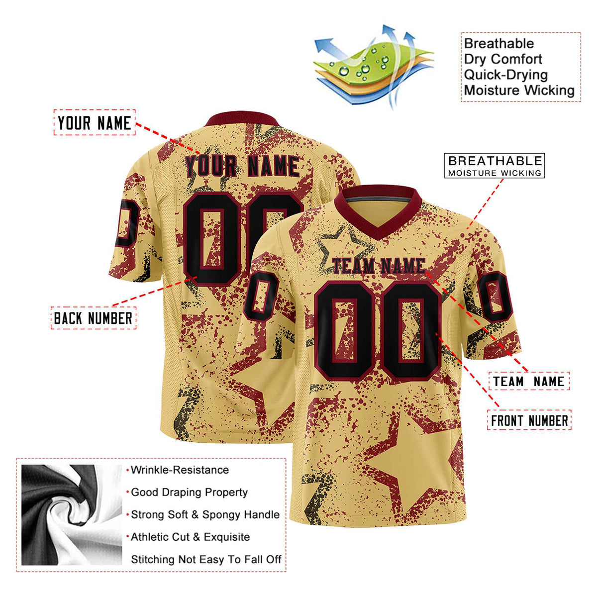 Custom Khaki Black-Crimson Mesh Star Football Jersey