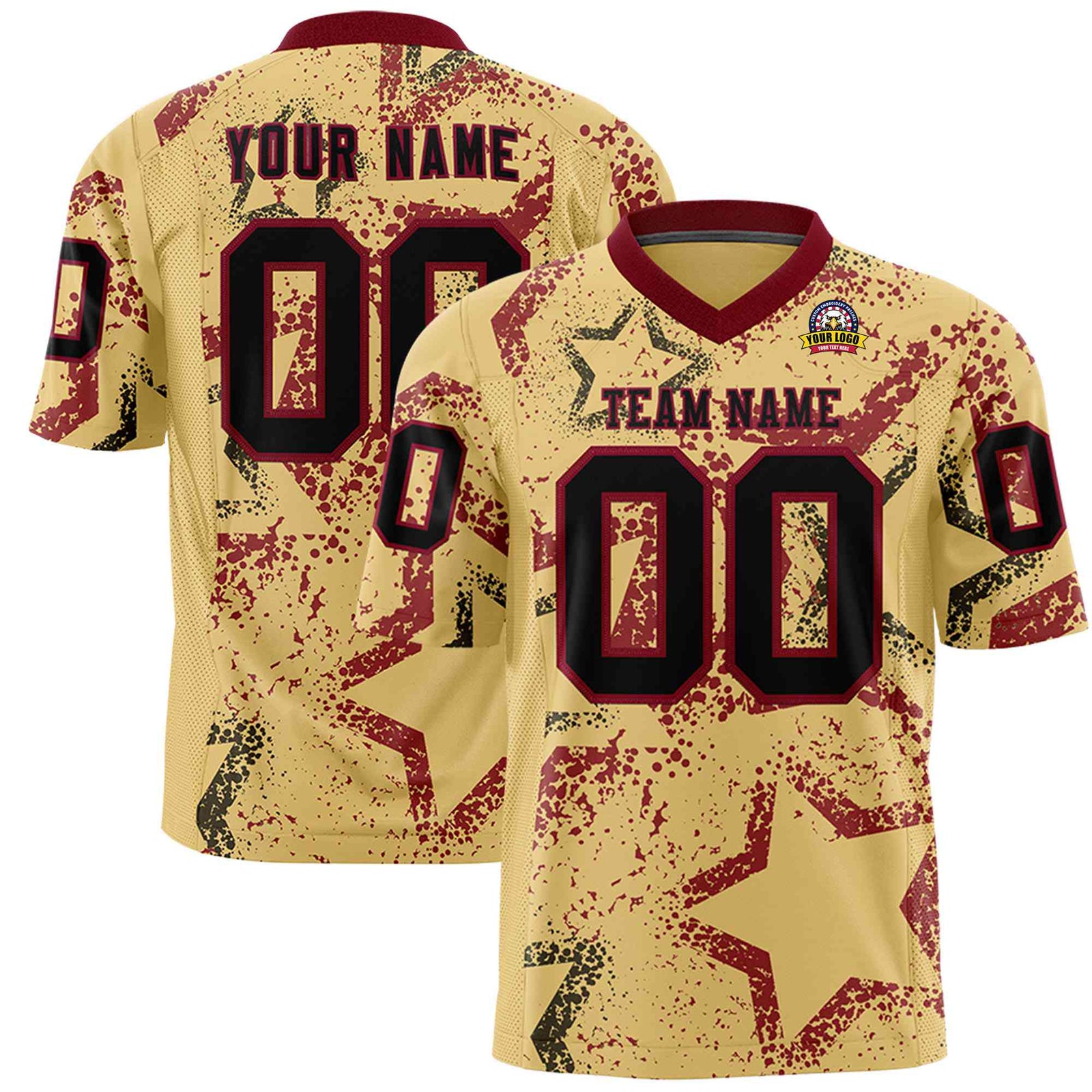 Custom Khaki Black-Crimson Mesh Star Football Jersey