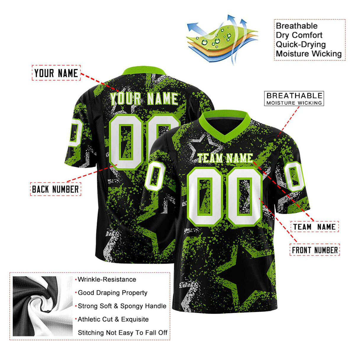 Custom Black White-Neon Green Mesh Star Football Jersey
