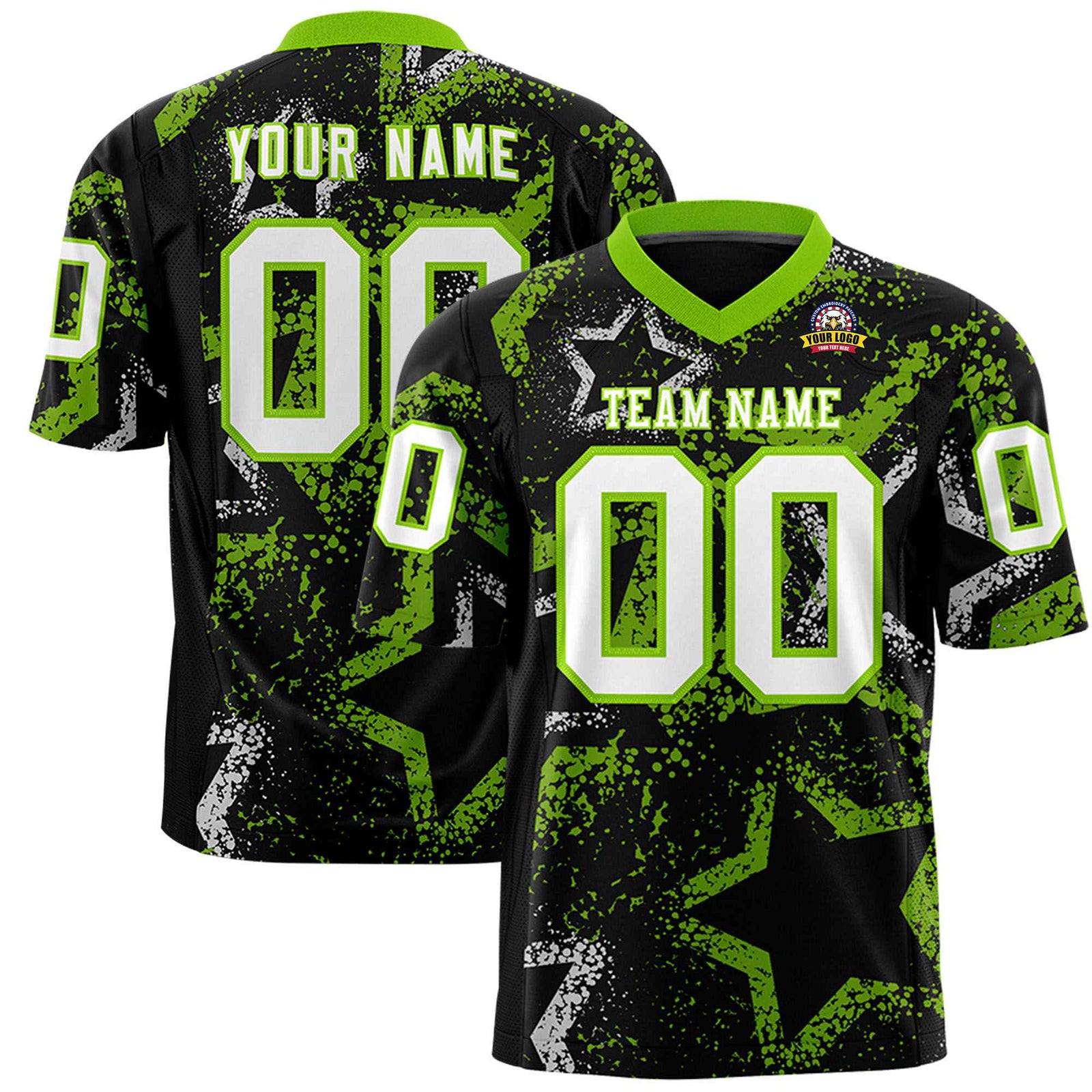 Custom Black White-Neon Green Mesh Star Football Jersey