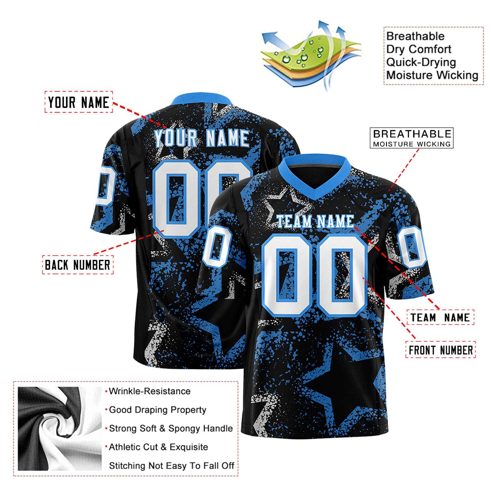 Custom Black White-Powder Blue Mesh Star Football Jersey