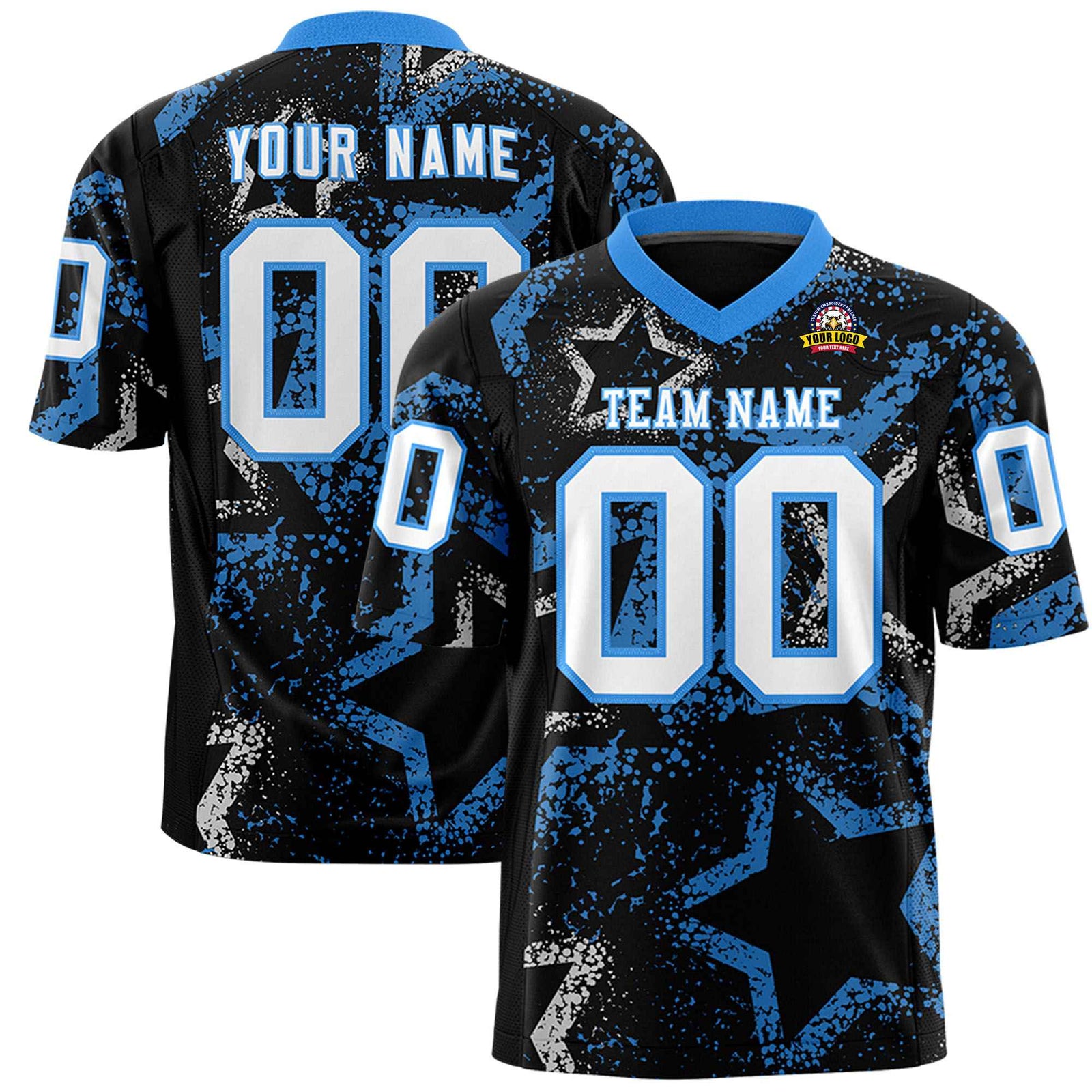 Custom Black White-Powder Blue Mesh Star Football Jersey