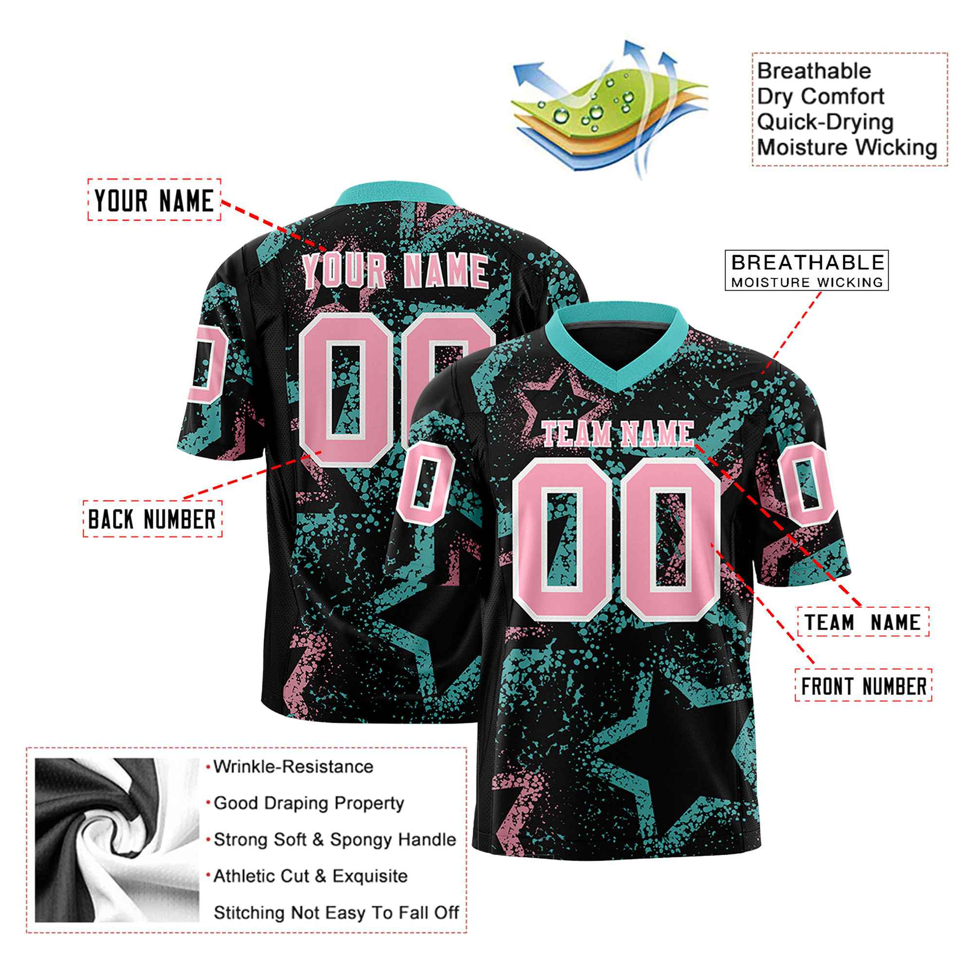 Custom Black Light Pink-Bright Green Mesh Star Football Jersey