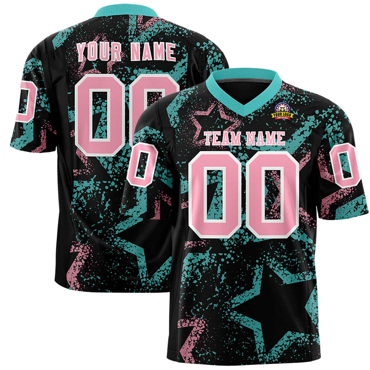 Custom Black Light Pink-Bright Green Mesh Star Football Jersey