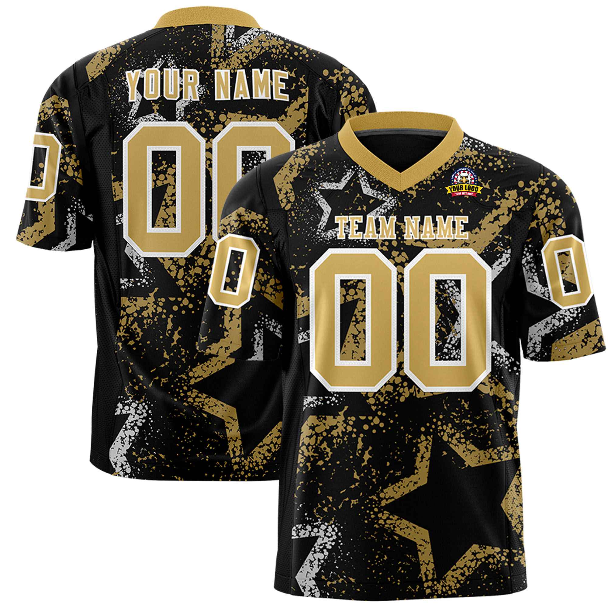 Custom Black Old Gold-White Mesh Star Football Jersey