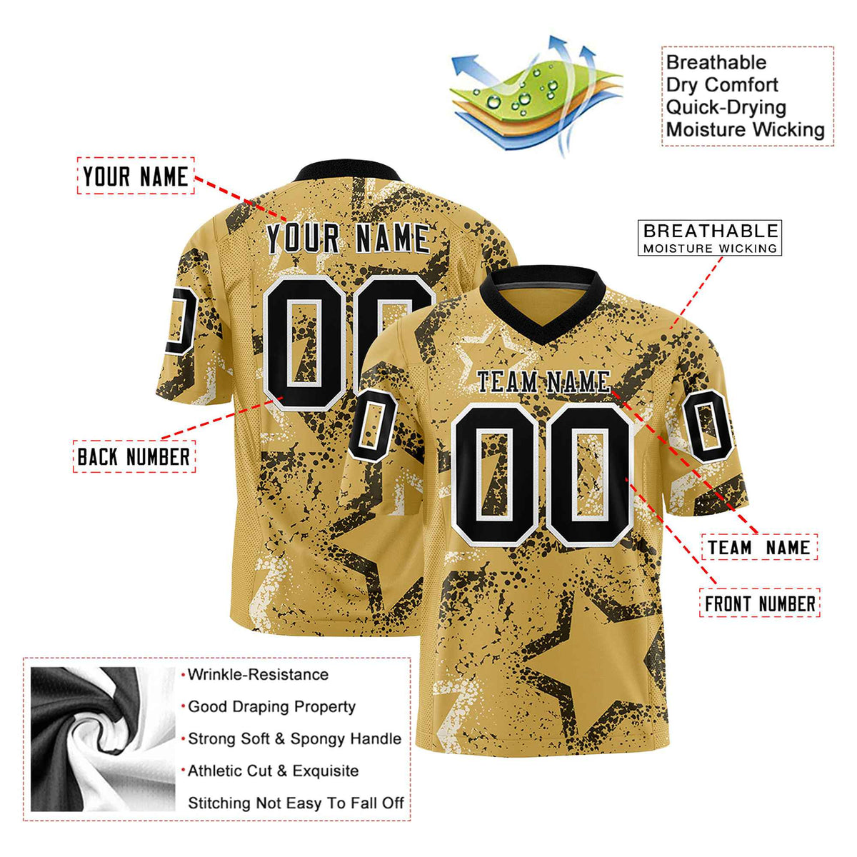 Custom Old Gold Black-White Mesh Star Football Jersey
