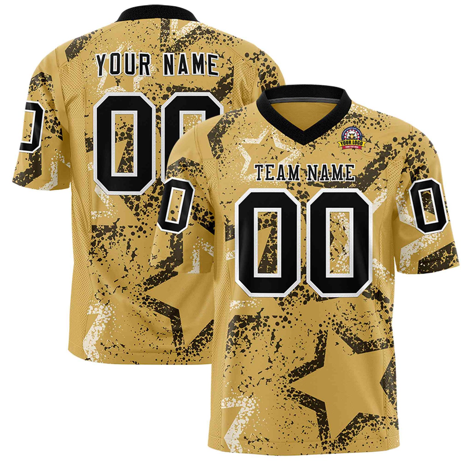 Custom Old Gold Black-White Mesh Star Football Jersey