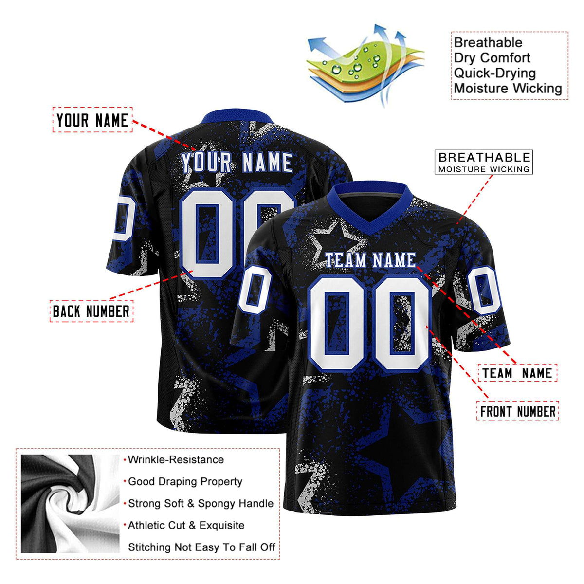 Custom Black White-Royal Blue Mesh Star Football Jersey