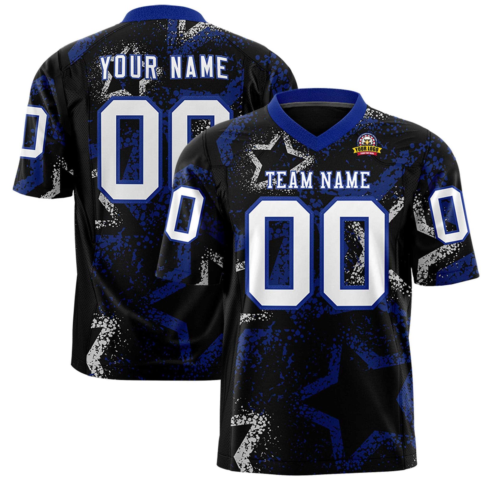 Custom Black White-Royal Blue Mesh Star Football Jersey