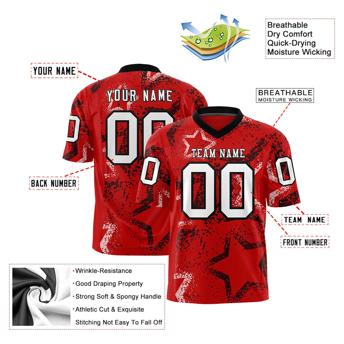 Custom Red White-Black Mesh Star Football Jersey