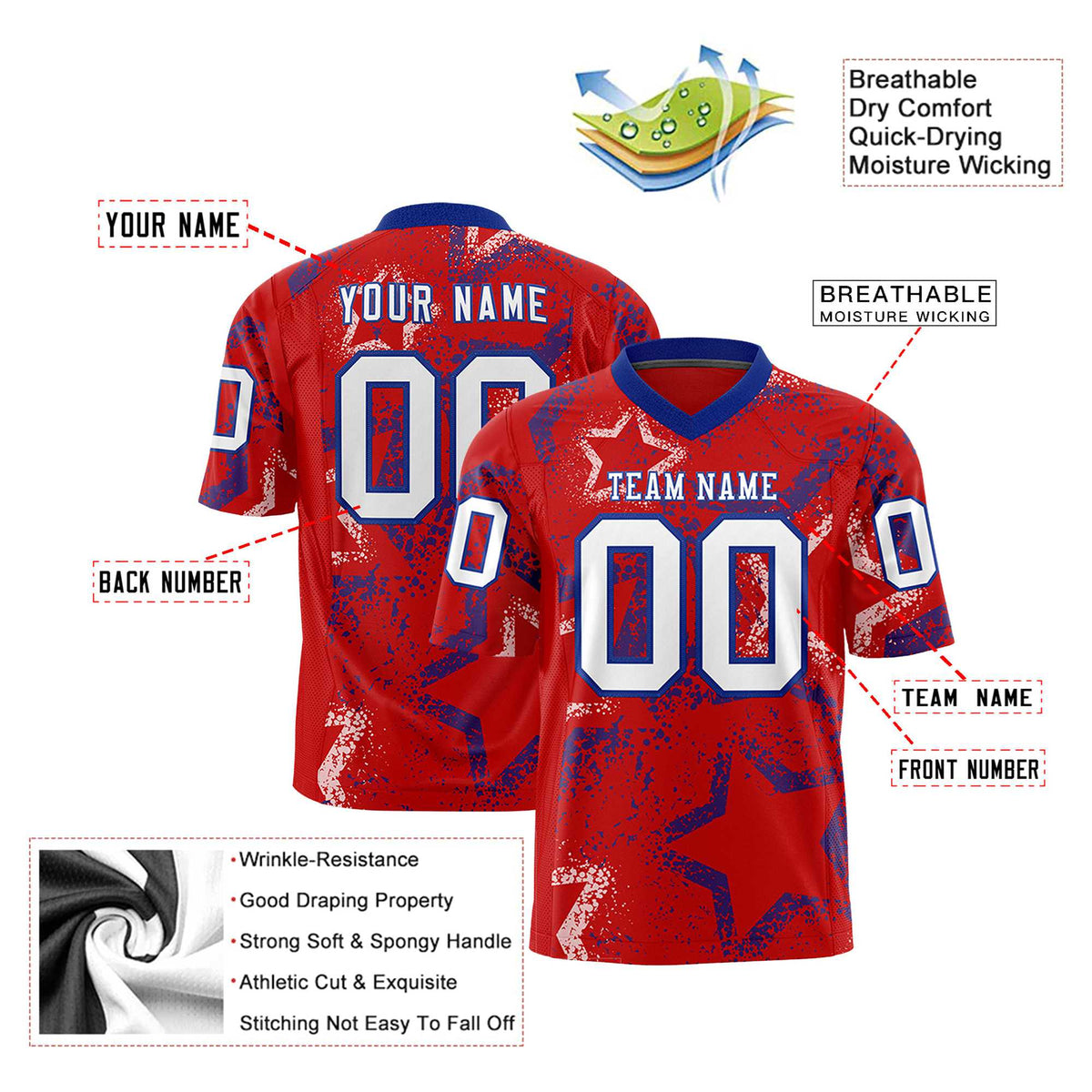 Custom Red White-Royal Blue Mesh Star Football Jersey