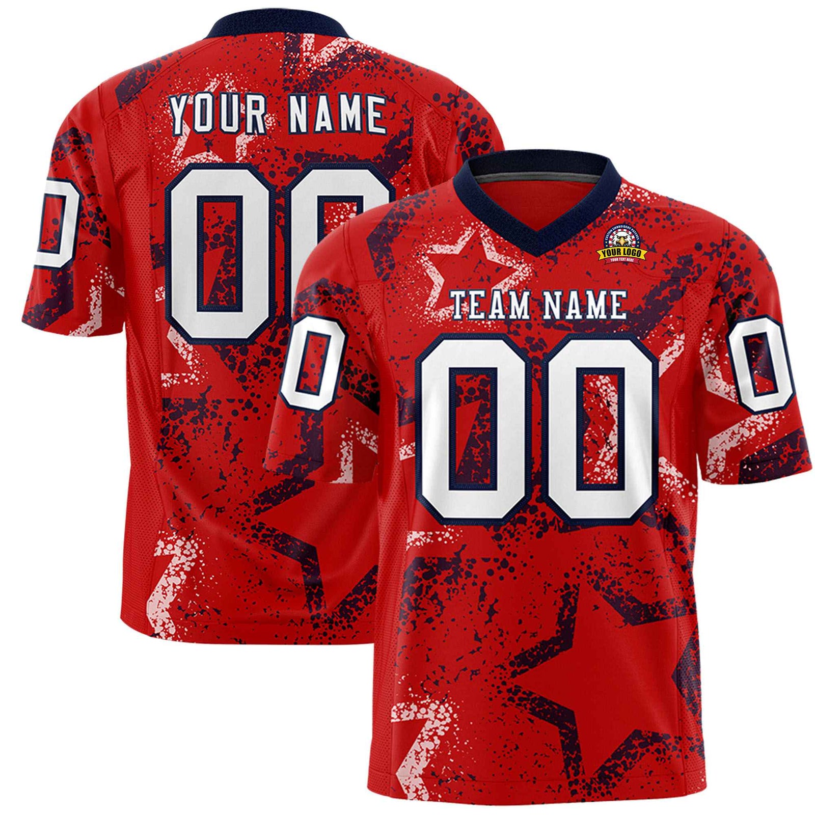 Custom Red White-Navy Mesh Star Football Jersey