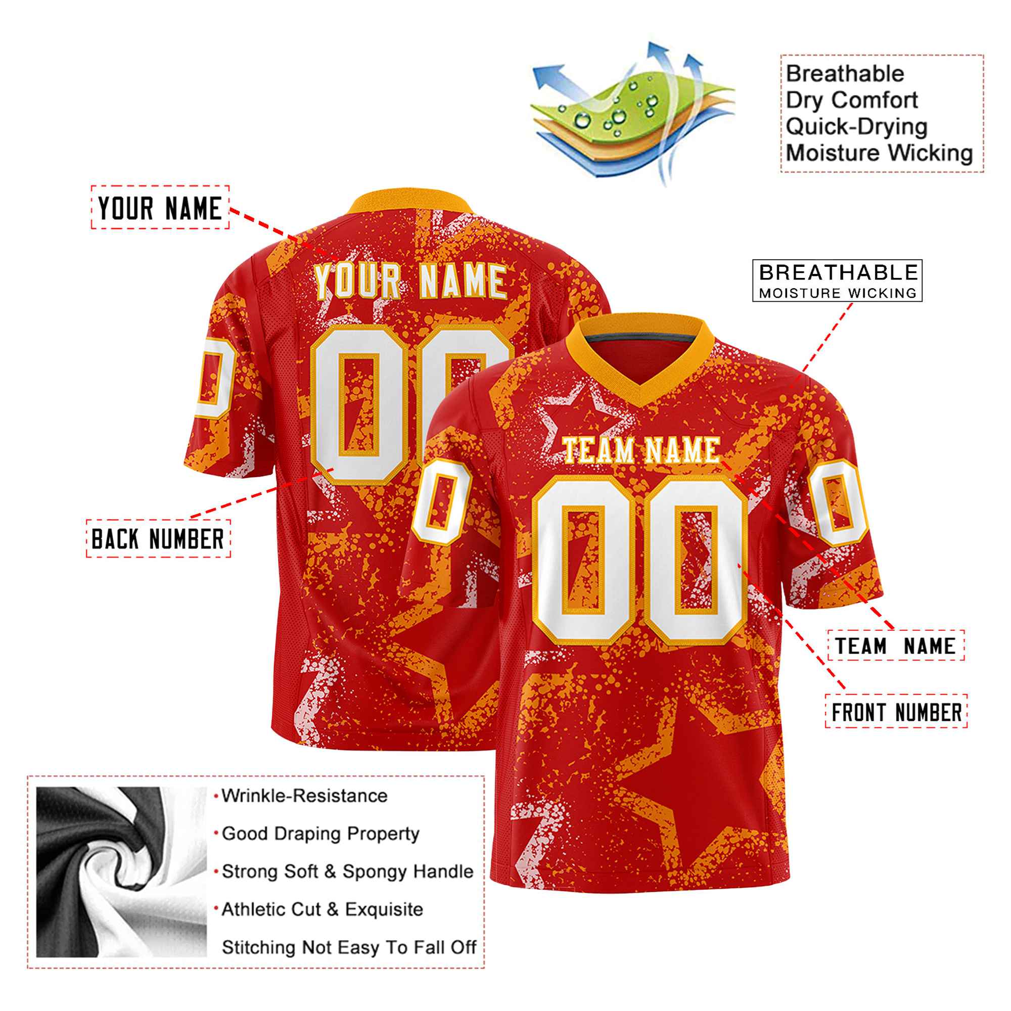 Custom Red White-Yellow Mesh Star Football Jersey