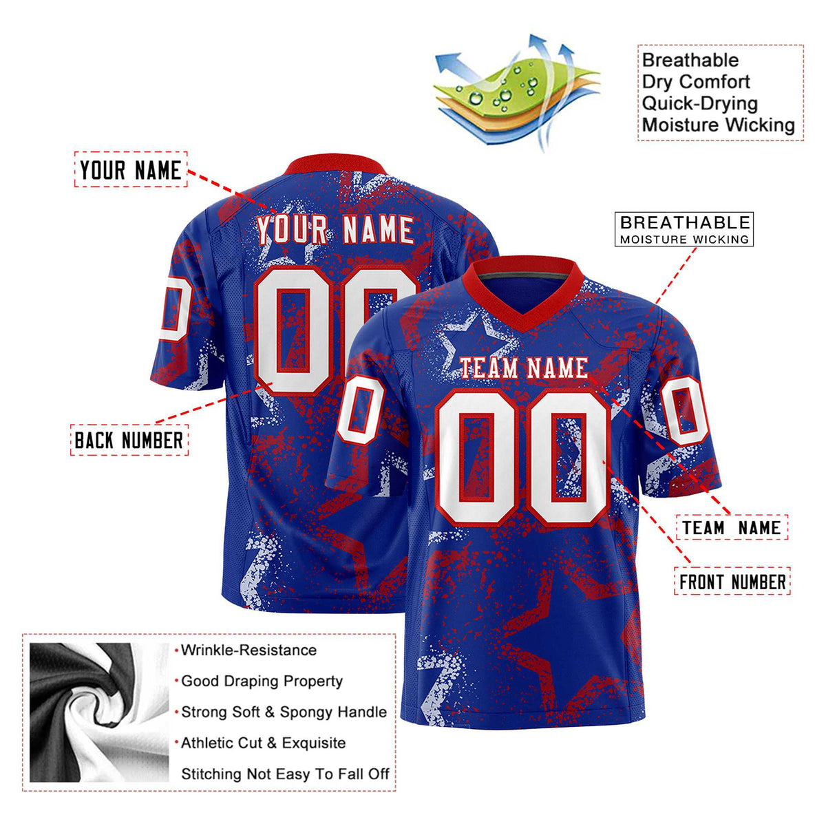 Custom Royal Blue White-Red Mesh Star Football Jersey