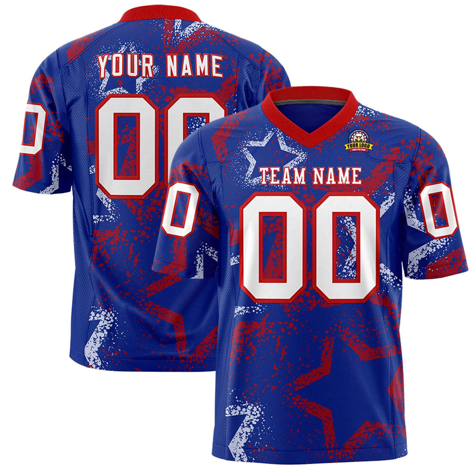 Custom Royal Blue White-Red Mesh Star Football Jersey