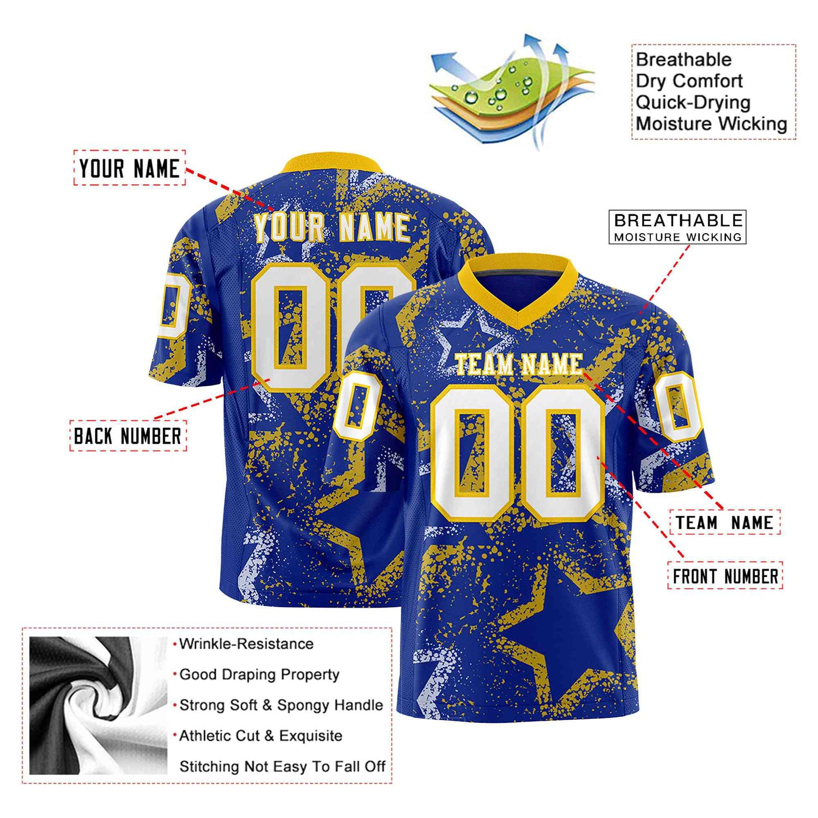 Custom Royal Blue White-Gold Mesh Star Football Jersey
