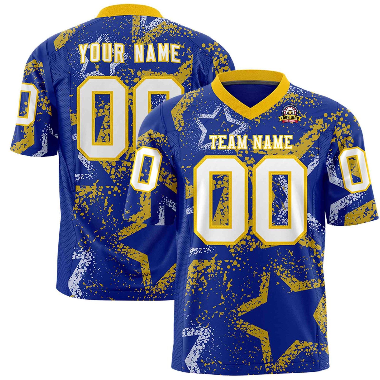 Custom Royal Blue White-Gold Mesh Star Football Jersey