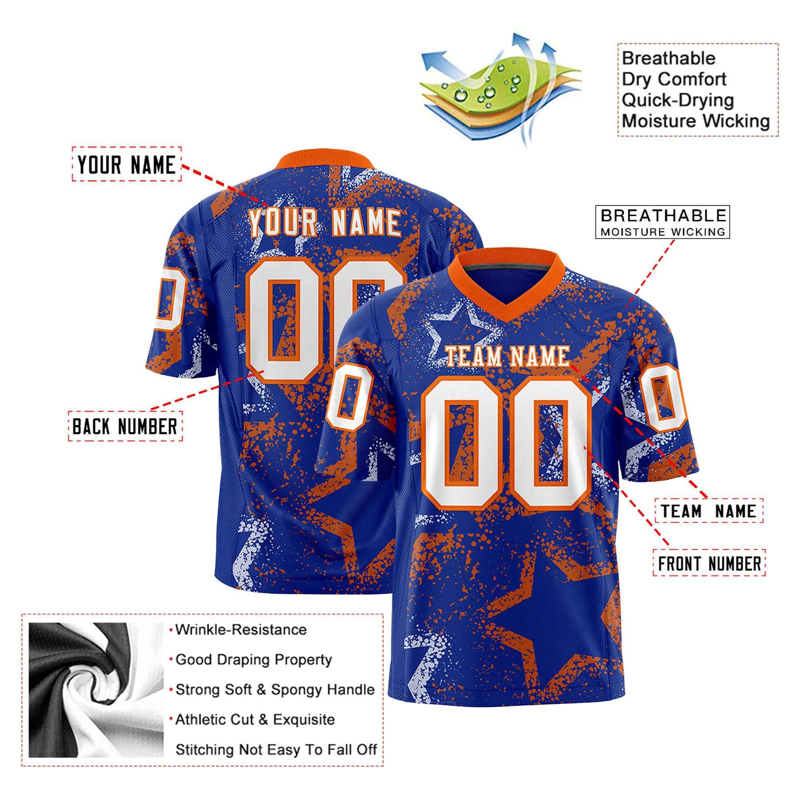 Custom Royal Blue White-Orange Mesh Star Football Jersey