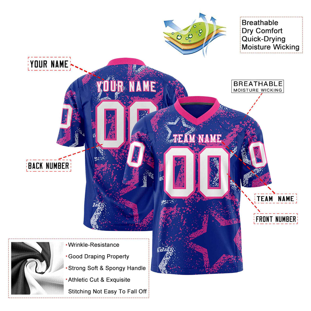 Custom Royal Blue White-Pink Mesh Star Football Jersey